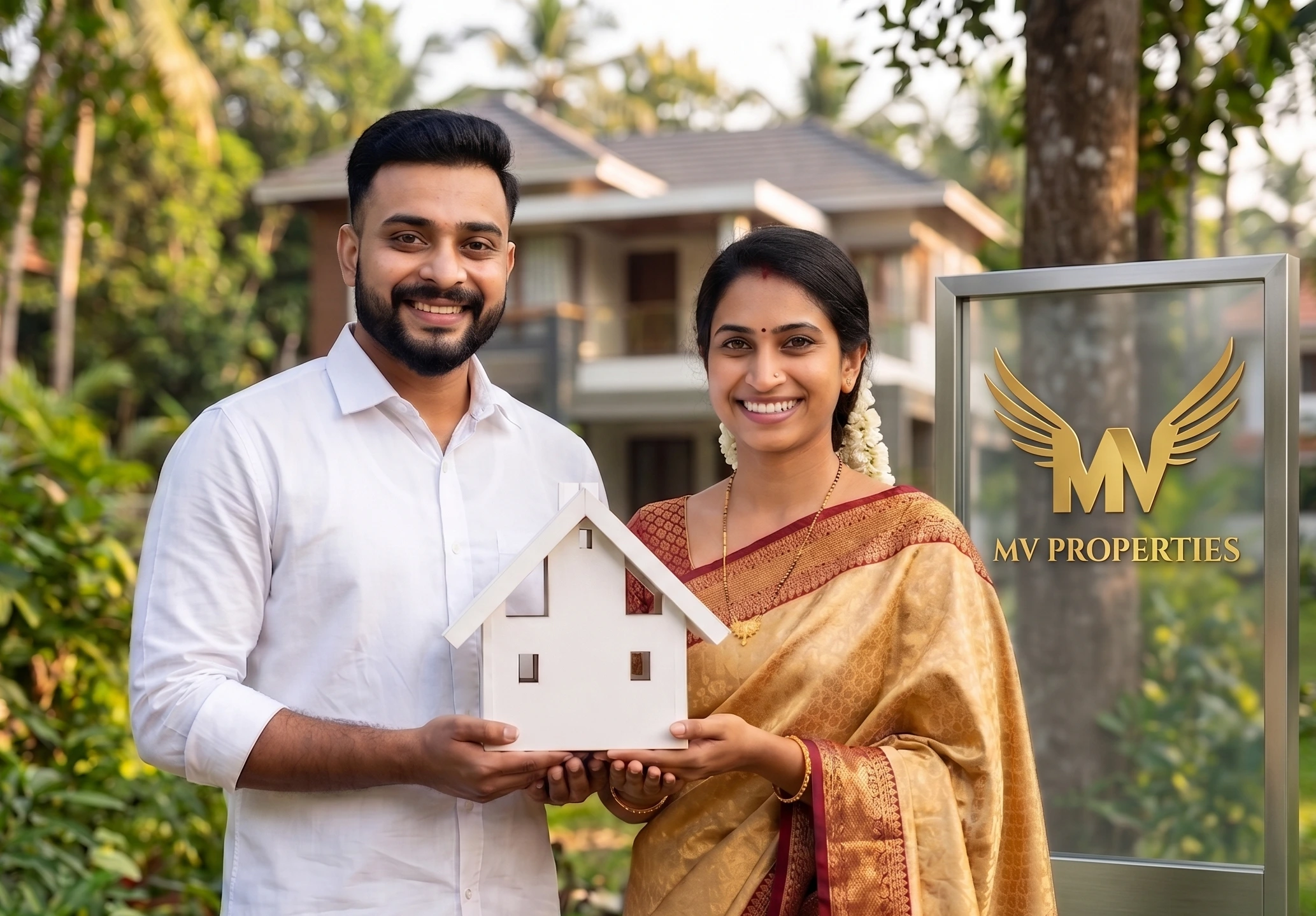 Happy couple with house model - MV Properties logo